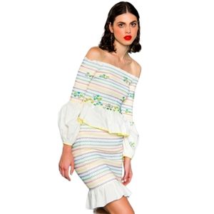 Off-Shoulder White Midi Dress with Multicolor Stripes